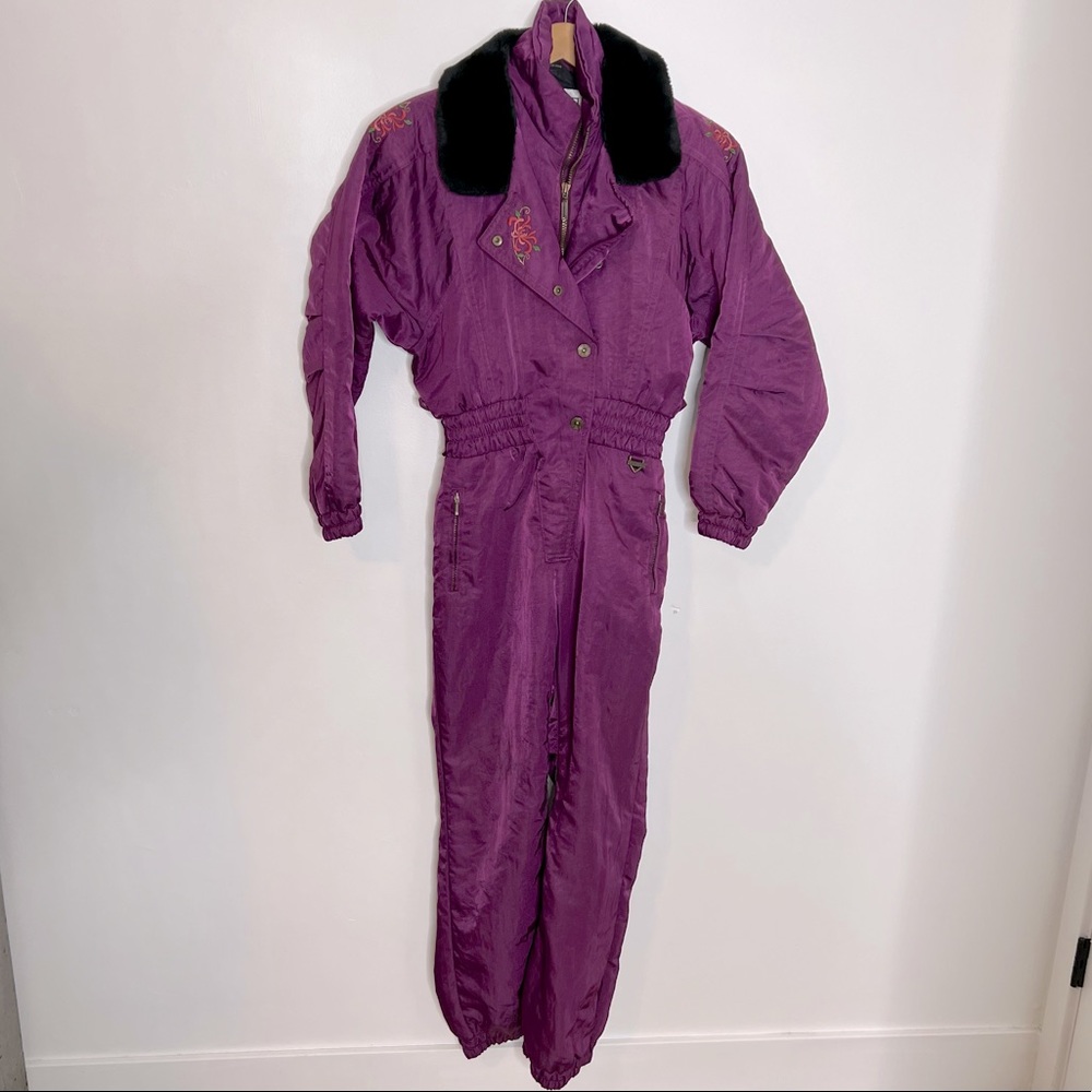 Vintage Fera Ski Suit Ski Pants Black purple Floral Onesie Puffer Vintage SZ 8